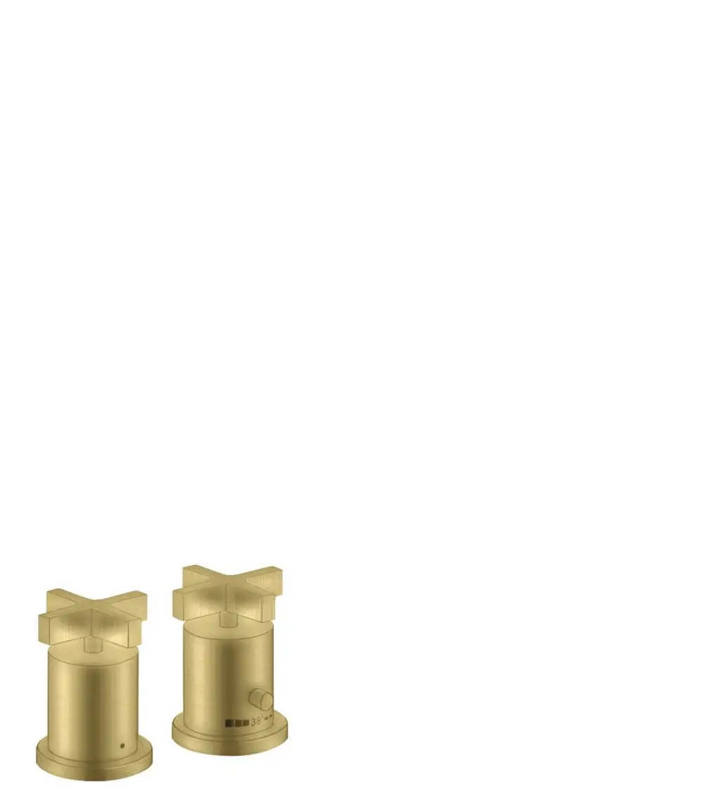 Zwei separate Armaturen mit Kreuzgriffen und Thermostat in gebürstetem Messing, entworfen von AXOR, für die Wannenmontage.